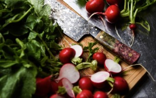 Fresh radishes, halved and prepped for roasting