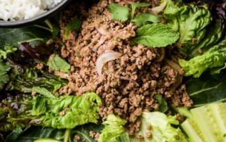 Thai-style laap with ground venison and collard leaves