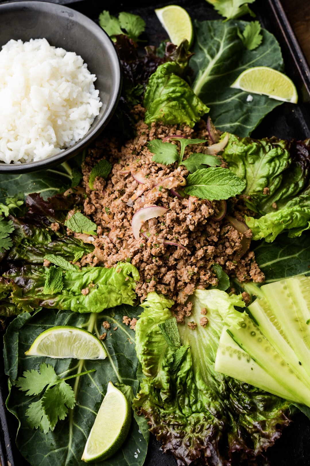 Thai-style laap with ground venison and collard leaves