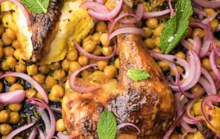 Roasted chicken with turmeric and Greek yogurt, chickpeas, pickled onions and fresh mint