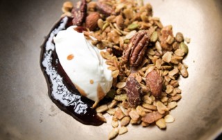 Olive oil and maple granola with yogurt and pluot jam