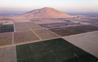 Aerial view of crop fields east of Fresno, California, looking east towards the Sierra Nevada foothills