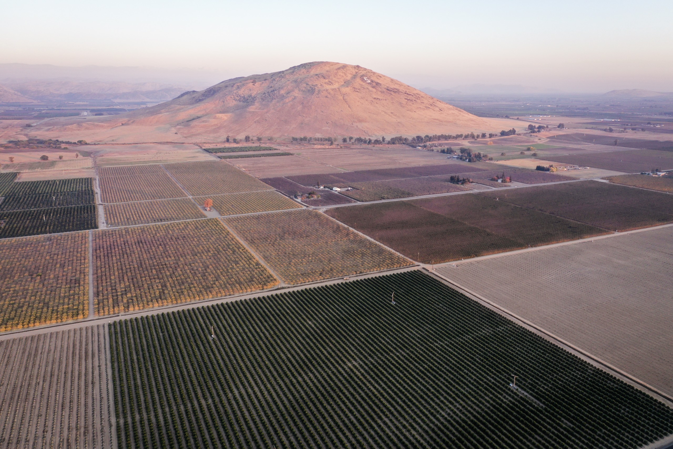Aerial view of crop fields east of Fresno, California, looking east towards the Sierra Nevada foothills