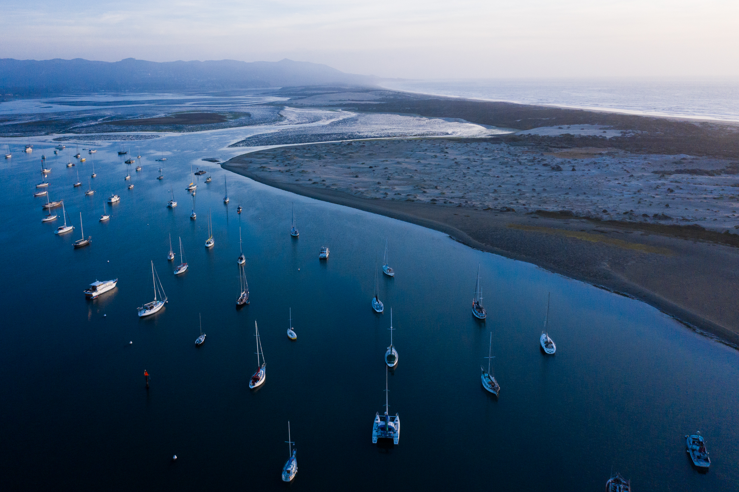 Aerial view of sailboats moored in Morro Bay