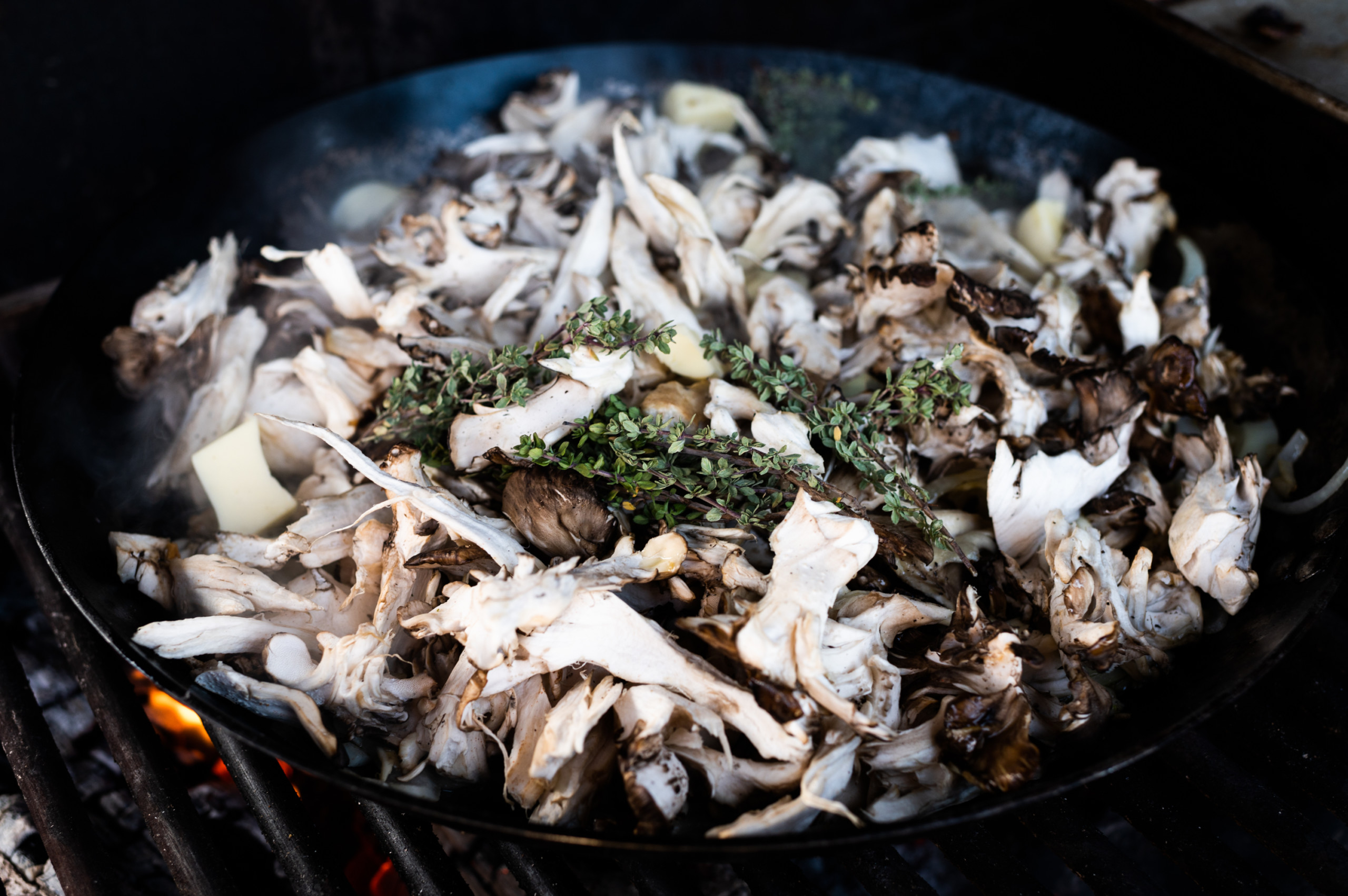 Foraged mushrooms and fresh thyme simmering over an open fire