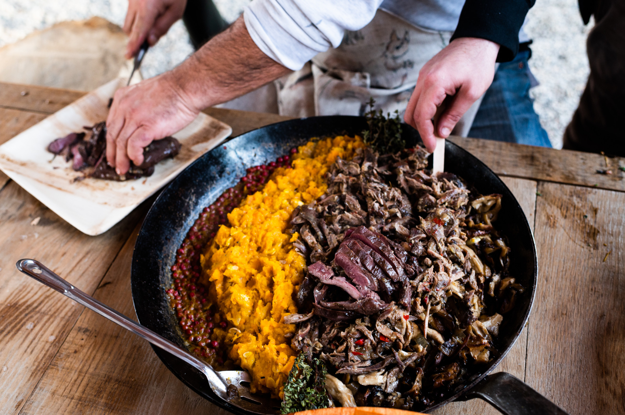 Venison heart, squash and mushrooms cooked at SquirrelFest 2019 at Ironbound Farms