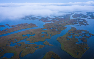 Aerial view of Cocodrie, Louisiana, just before sunrise