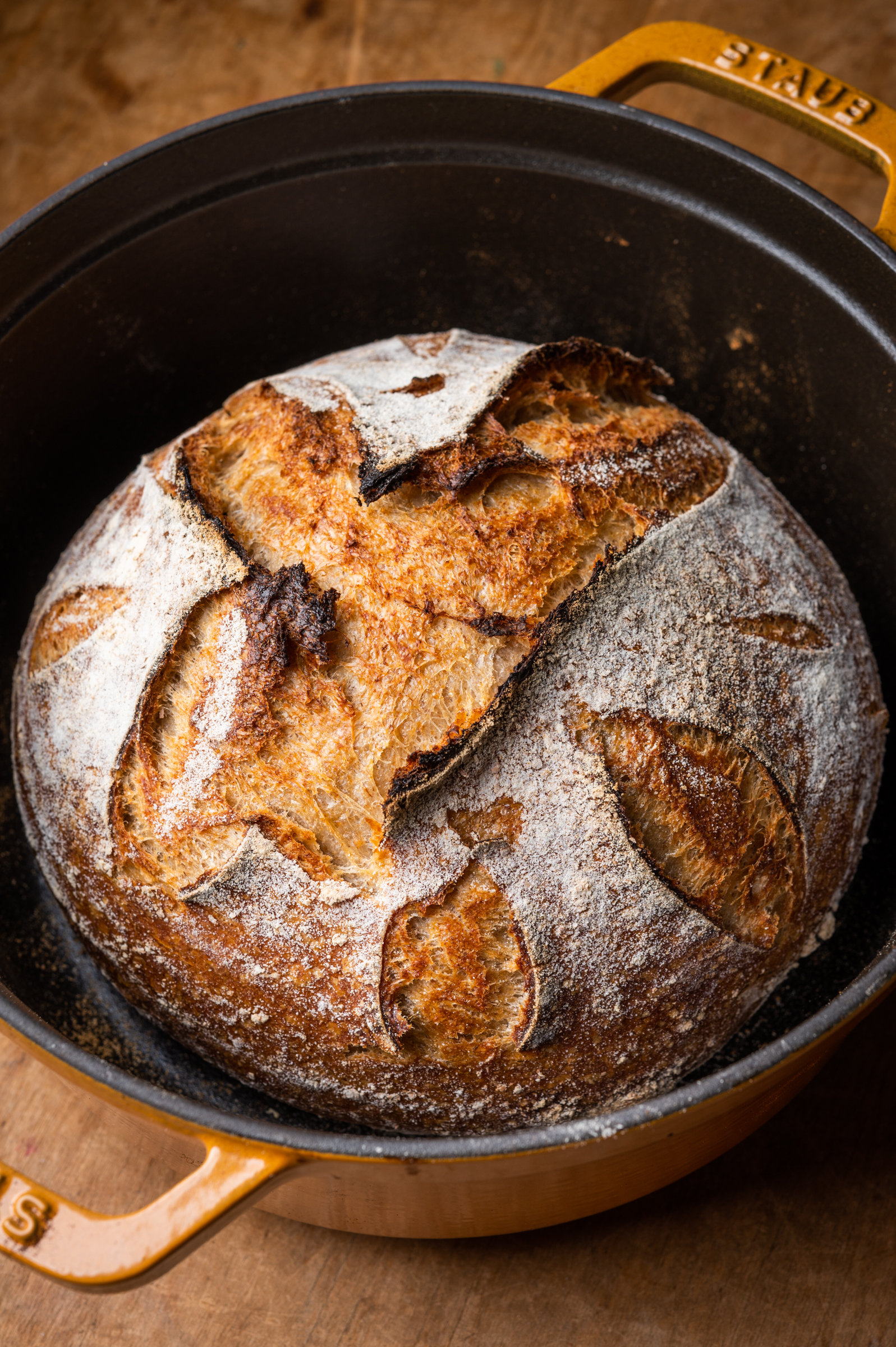 Whole wheat and rye sourdough baked in a Staub Dutch oven