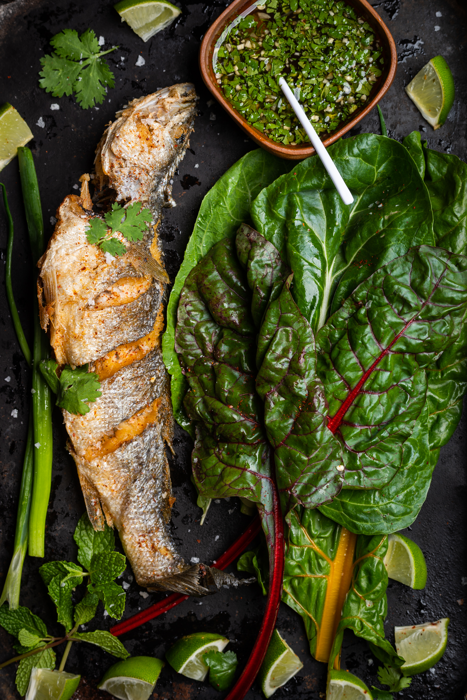Fried trout with chard and herbs and a Thai-inspired dipping sauce