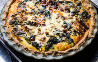 Chorizo and kale quiche in a whole wheat crust