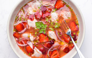 Oyster ceviche with citrus, red onion and local strawberries