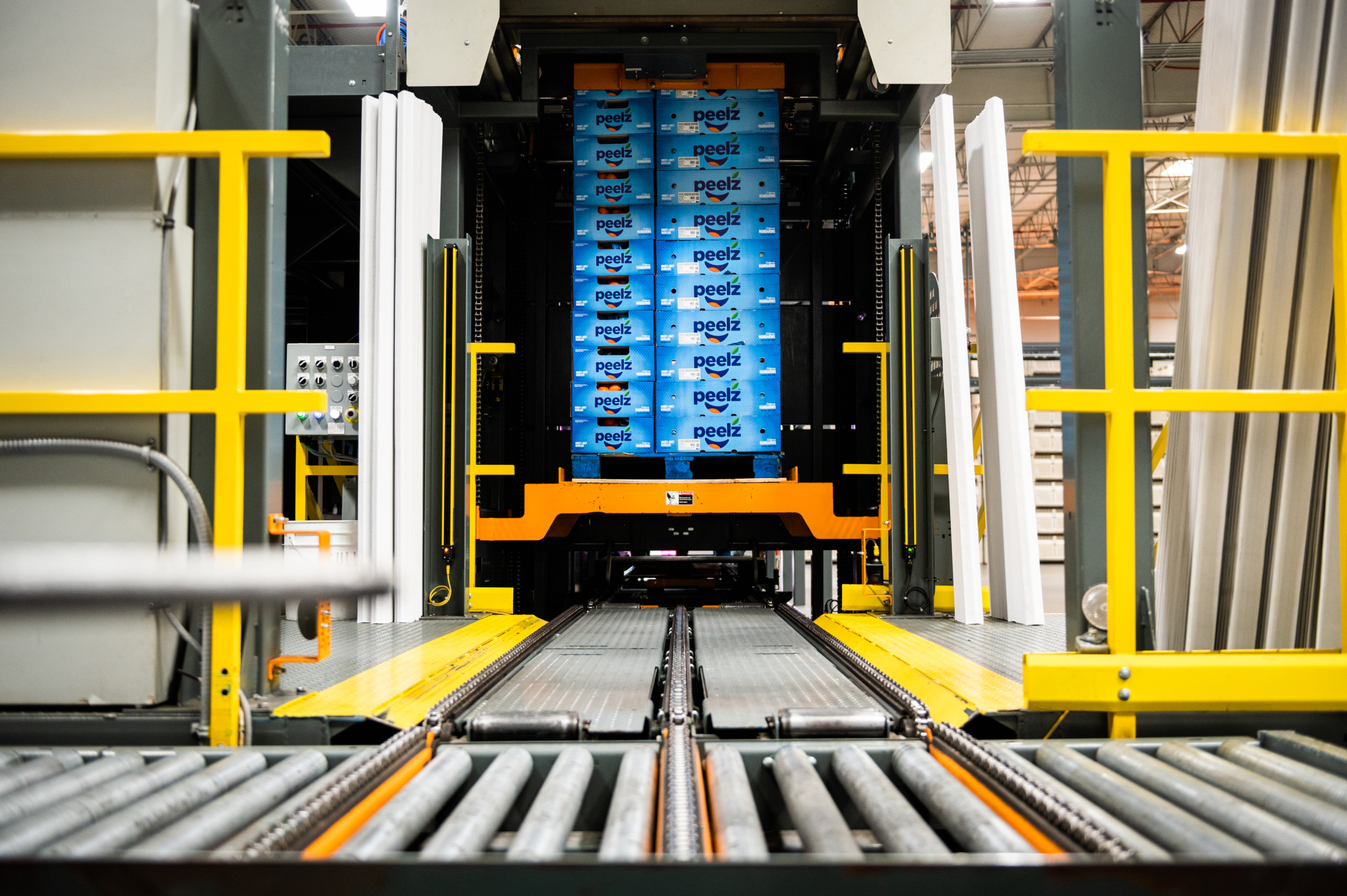 Stacked boxes of Peelz mandarins being palletized