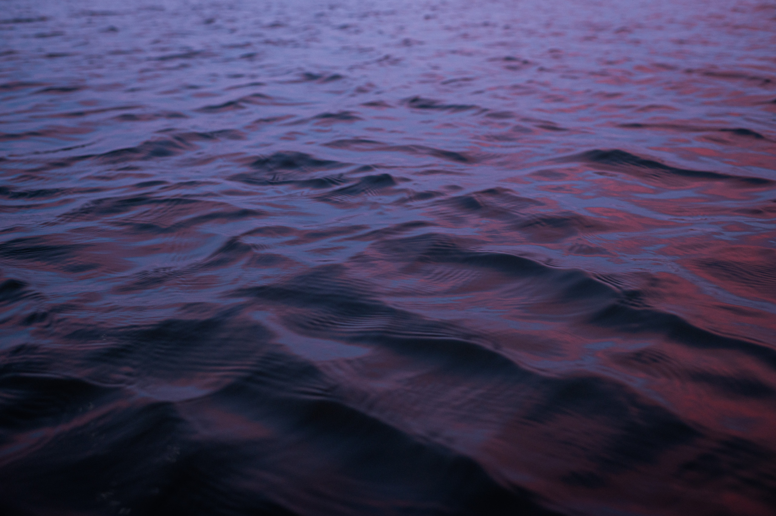 Water ripples reflecting a purple sky before sunrise