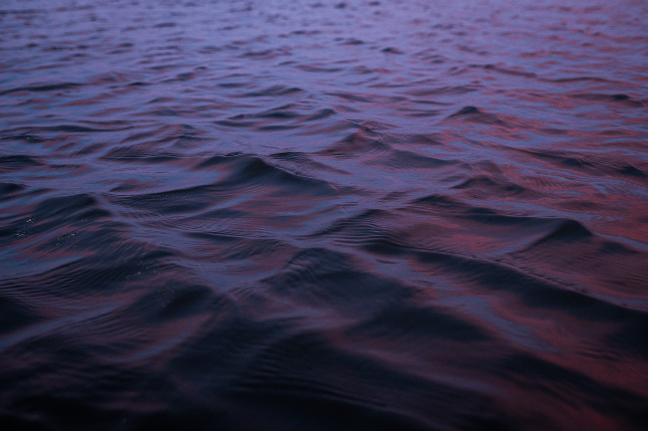 Water ripples reflecting a purple sky before sunrise