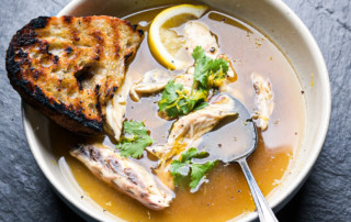 Smokey redfish stew with lemon and cilantro, and grilled sourdough