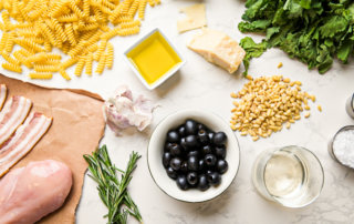 Mise en place for chicken and fusili featuring California RIPE Olives