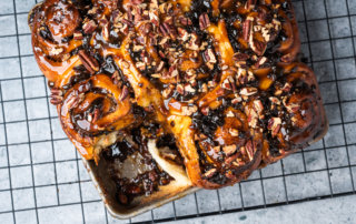 A pan filled with fresh-baked sticky buns