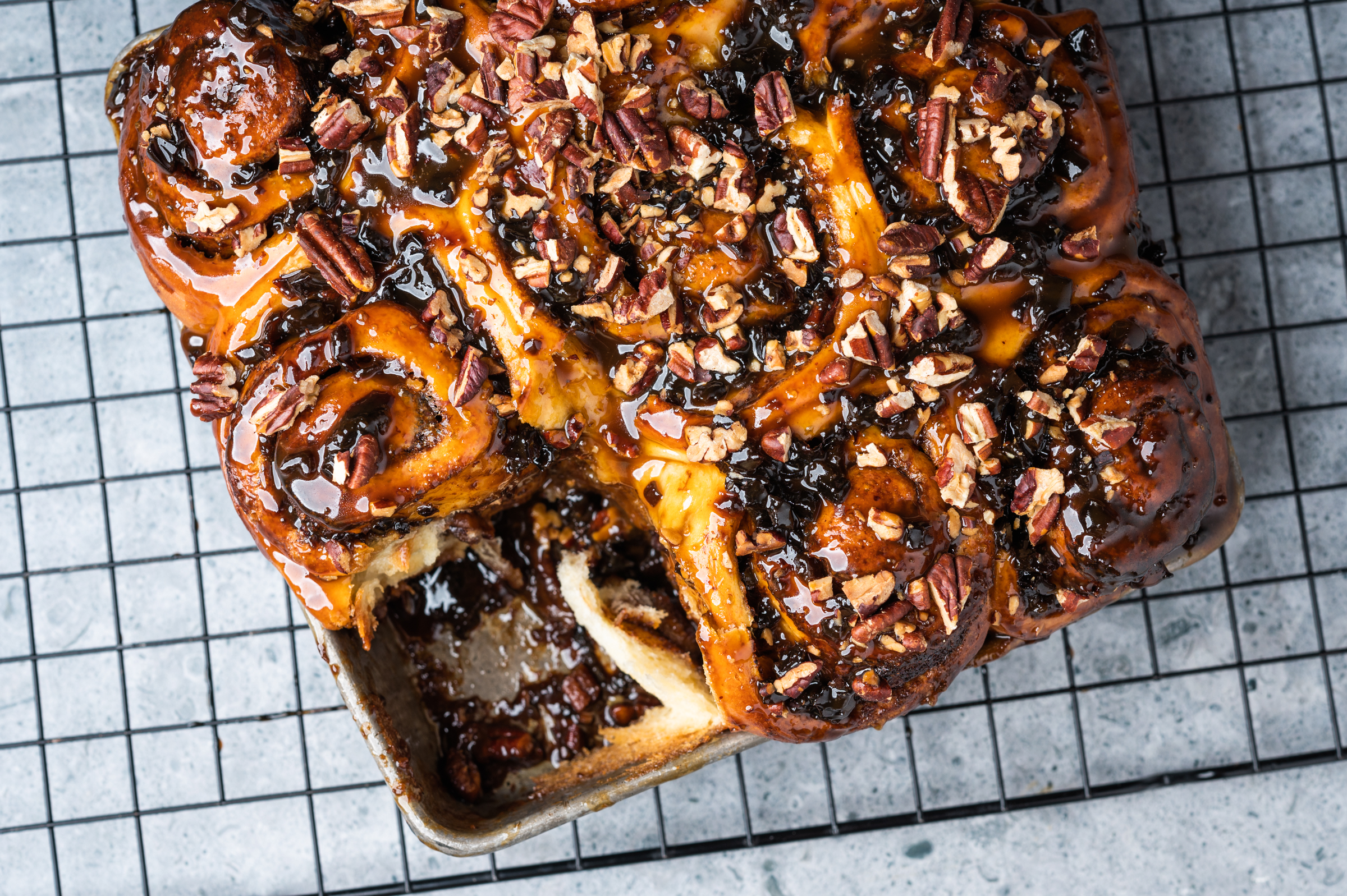 A pan filled with fresh-baked sticky buns