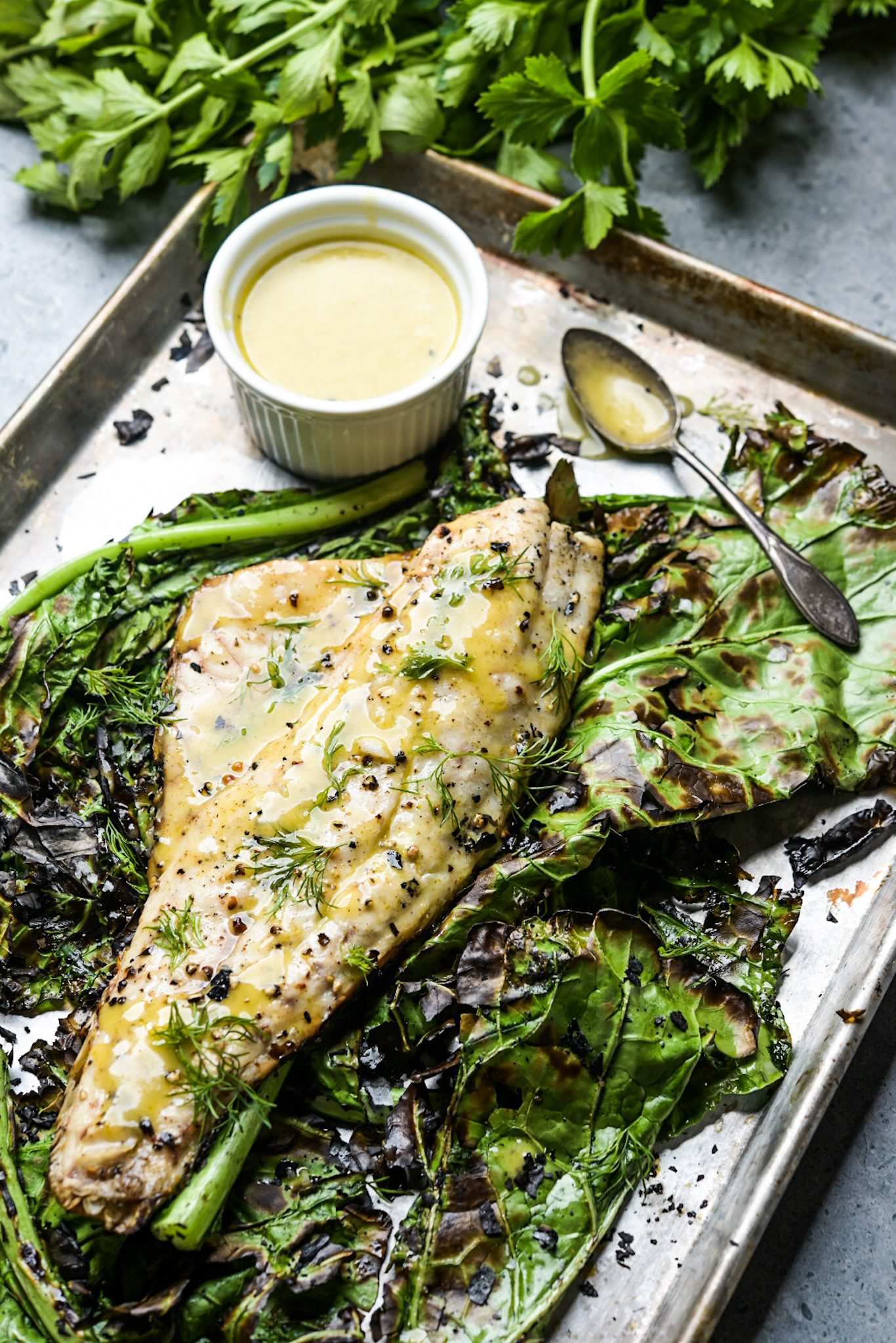 Grilled redfish with charred collards and dill