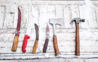 Tools for butchering - various knives, a hatchet, and a hammer