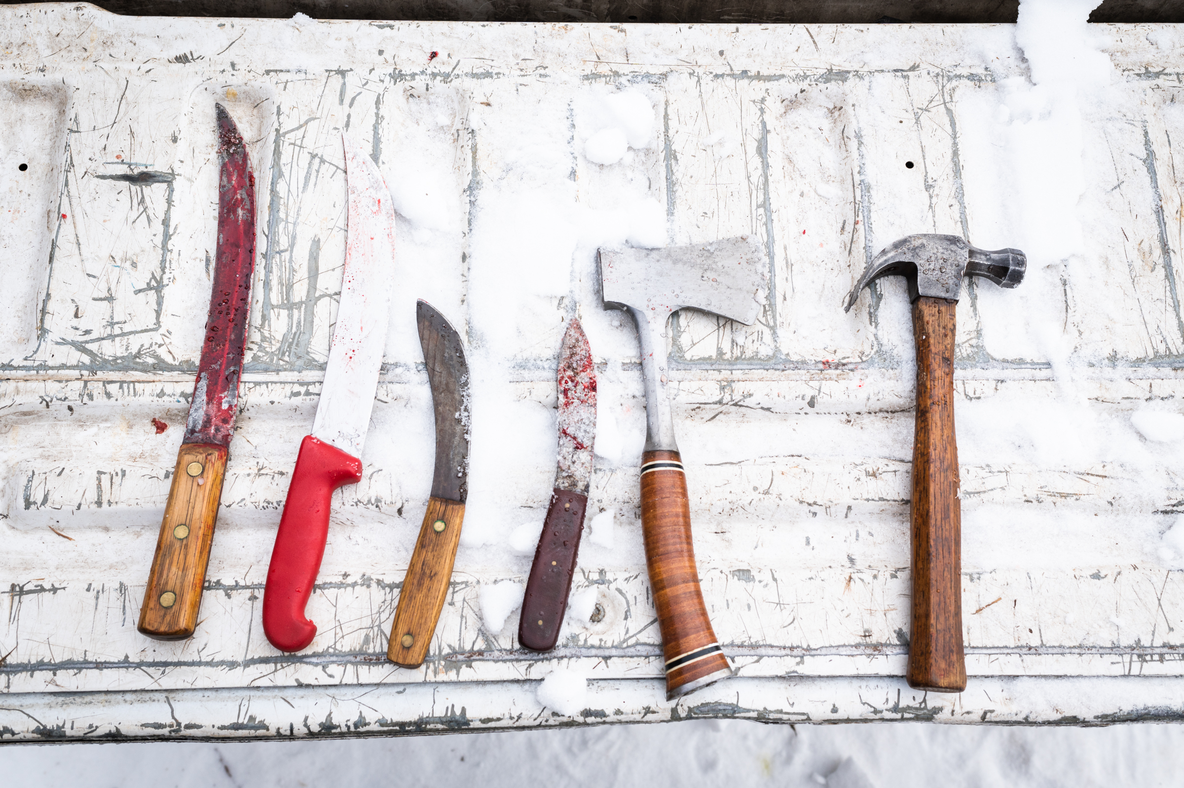 Tools for butchering - various knives, a hatchet, and a hammer