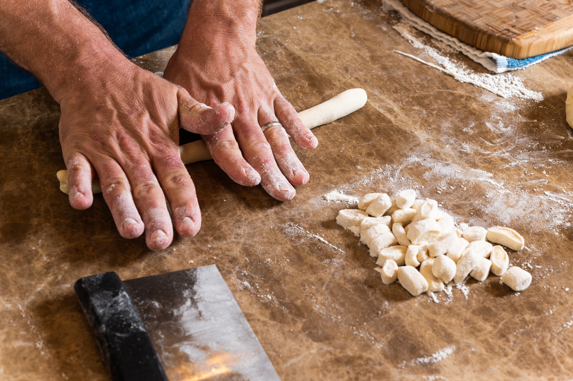 Cavatelli dough made with Creole cream cheese is rolled into long ropes
