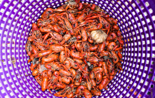 Freshly boiled crawfish draining in a purple basket