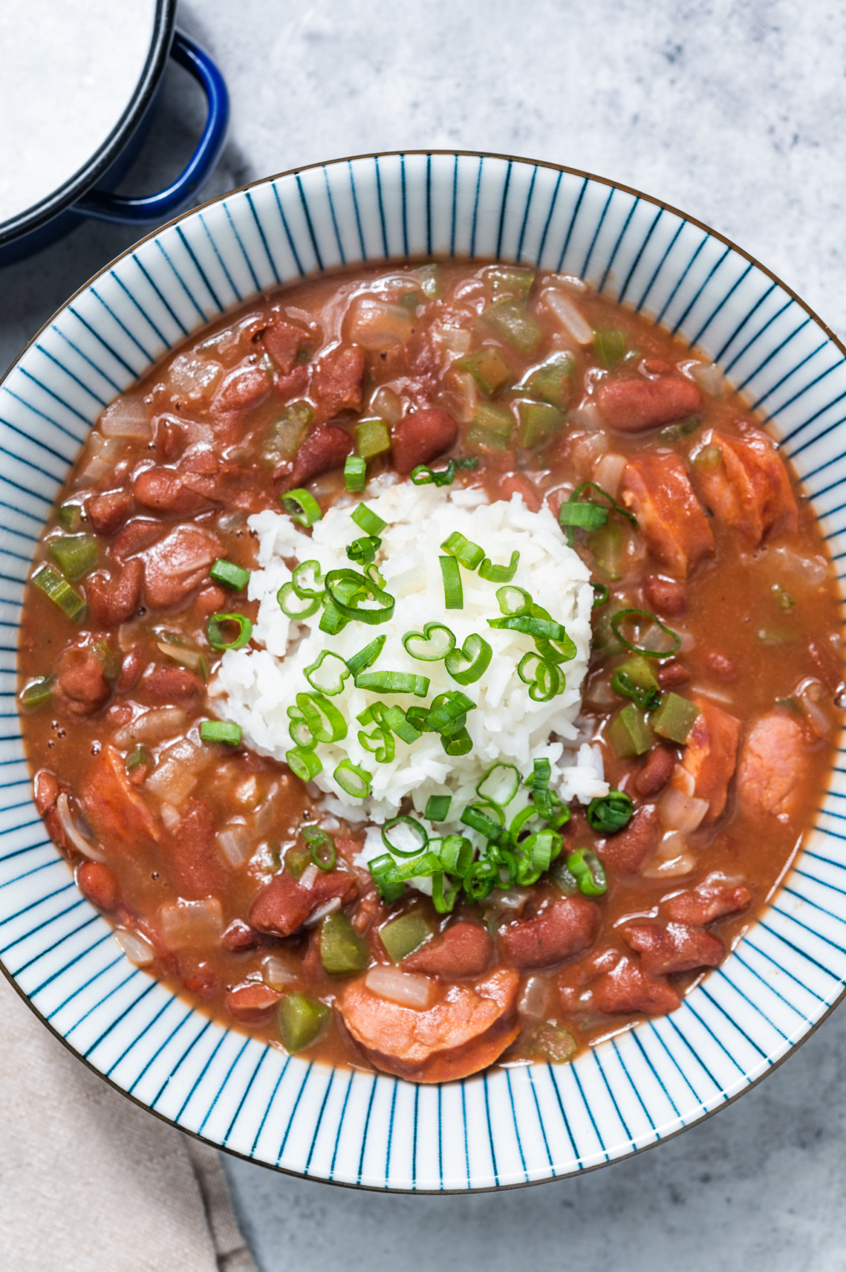 Creole-style red beans and rice with smoked andouille sausage