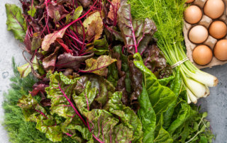 Overhead view of fresh groceries from local farms