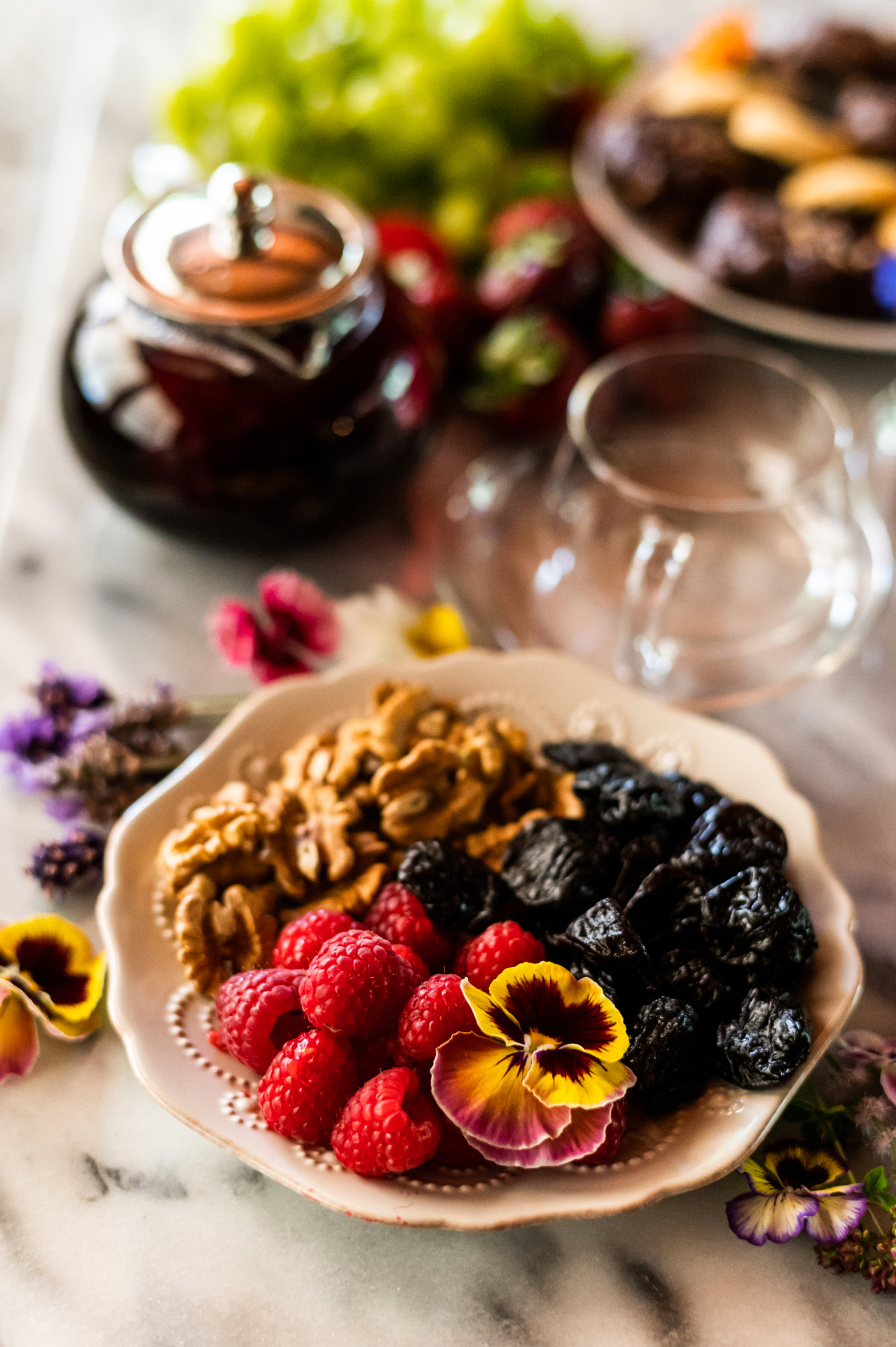 A party spread with tea, featuring California prunes