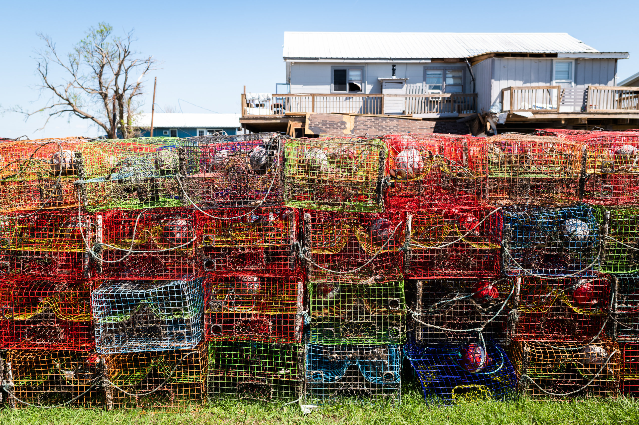 Luis's crab traps, stacked in the yard and ready to use once the dock can make ice