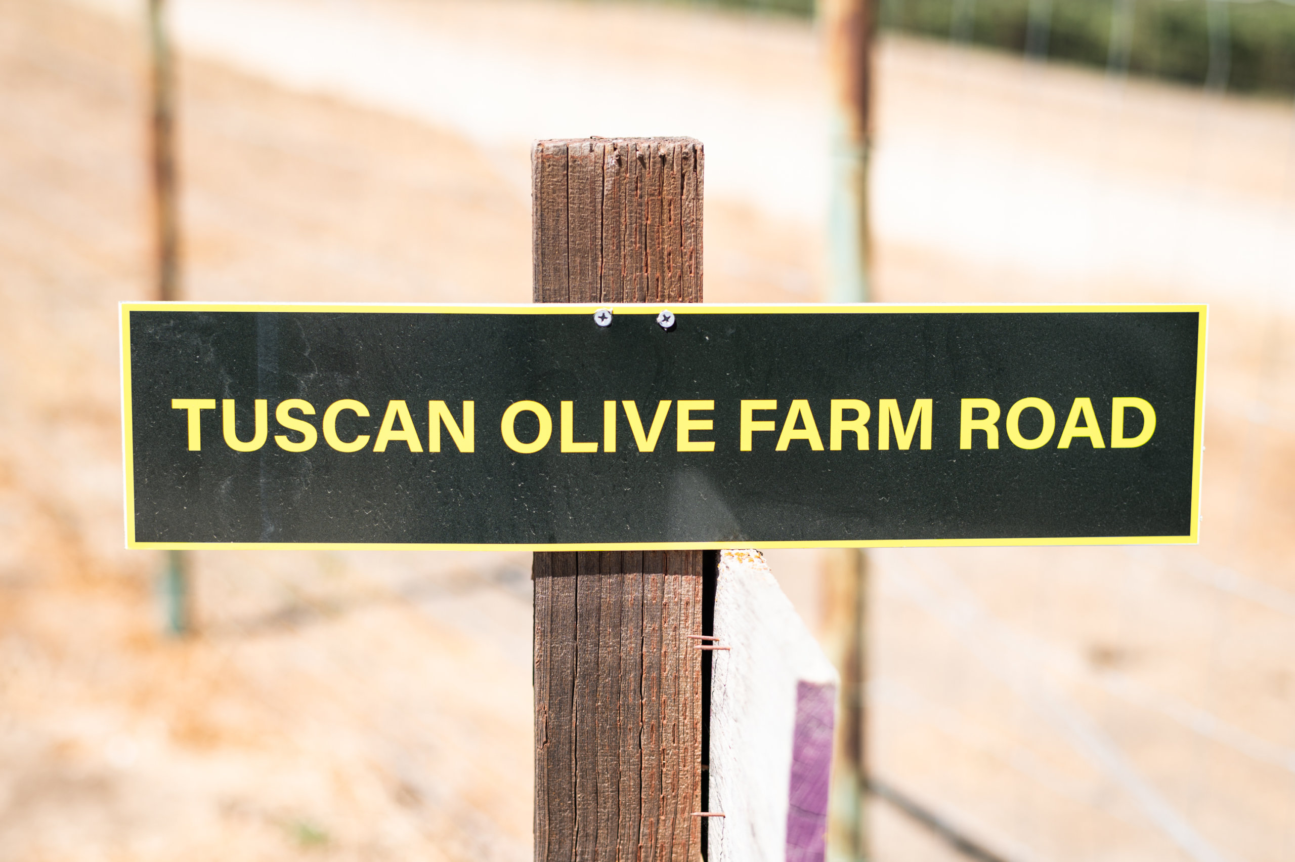 A sign for Tuscan Olive Farm Road on San Miguel Olive Farm