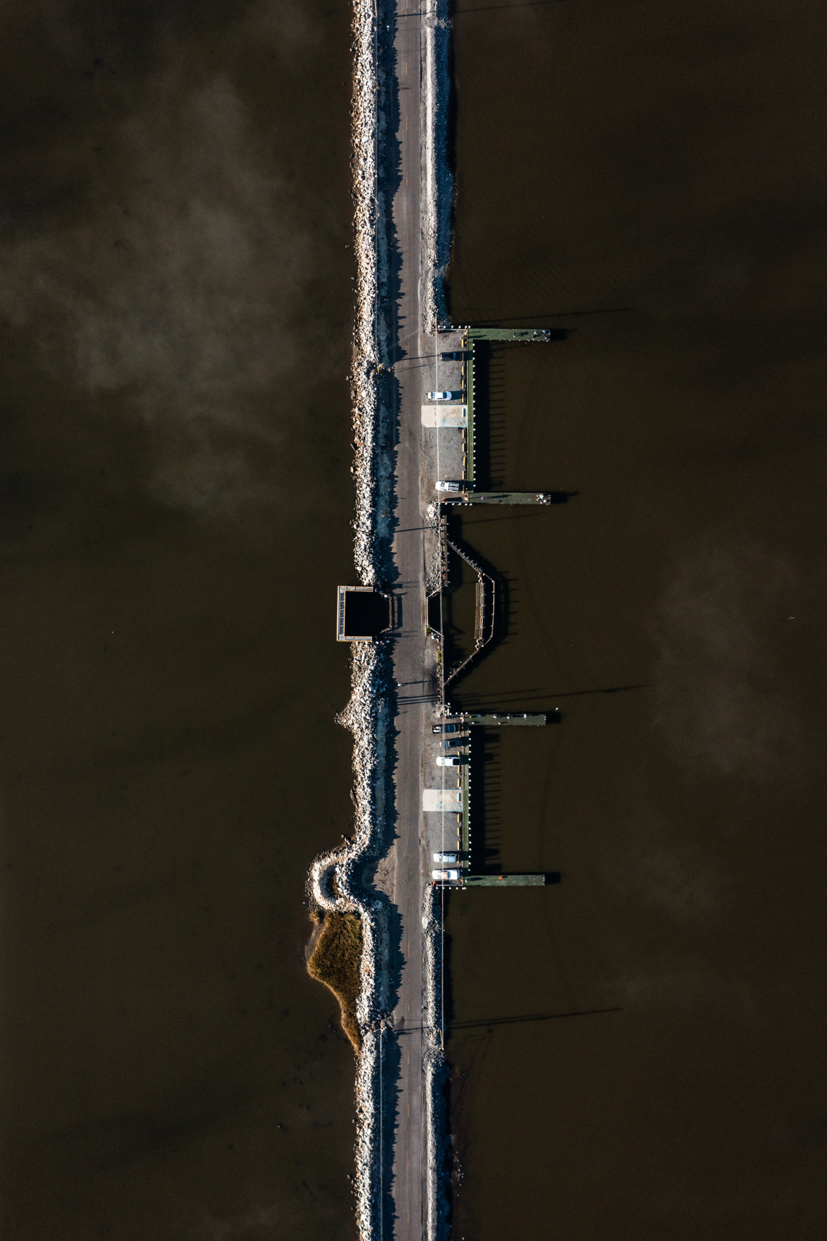 Overhead view of piers built by the parish along Island Road, near Point Aux Chene