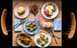 Overhead view of brunch plates at Mister Mao