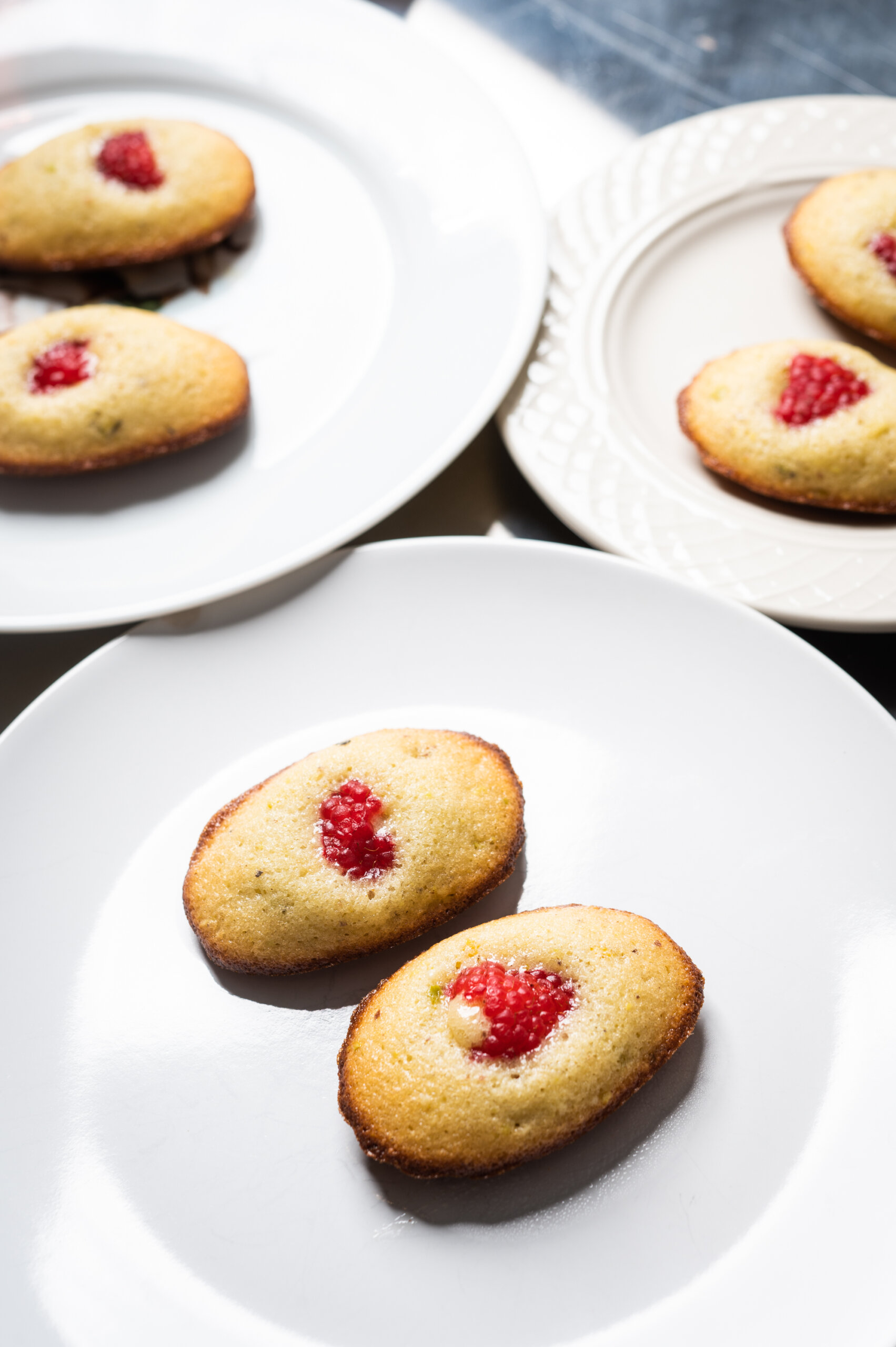 Pistachio madeleines with fresh raspberries to end the meal