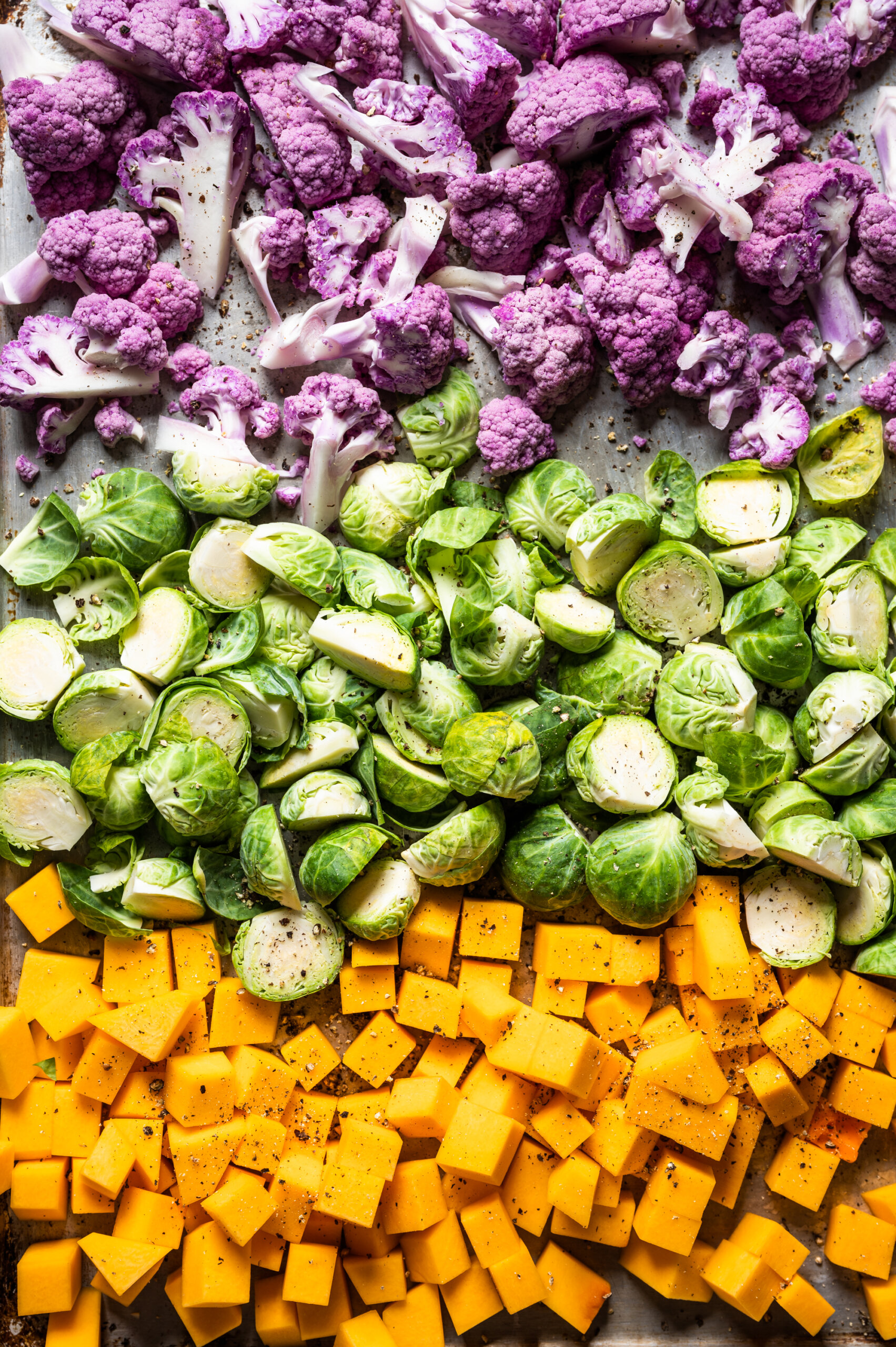 Chopped cauliflower, brussels sprouts, and butternut squash
