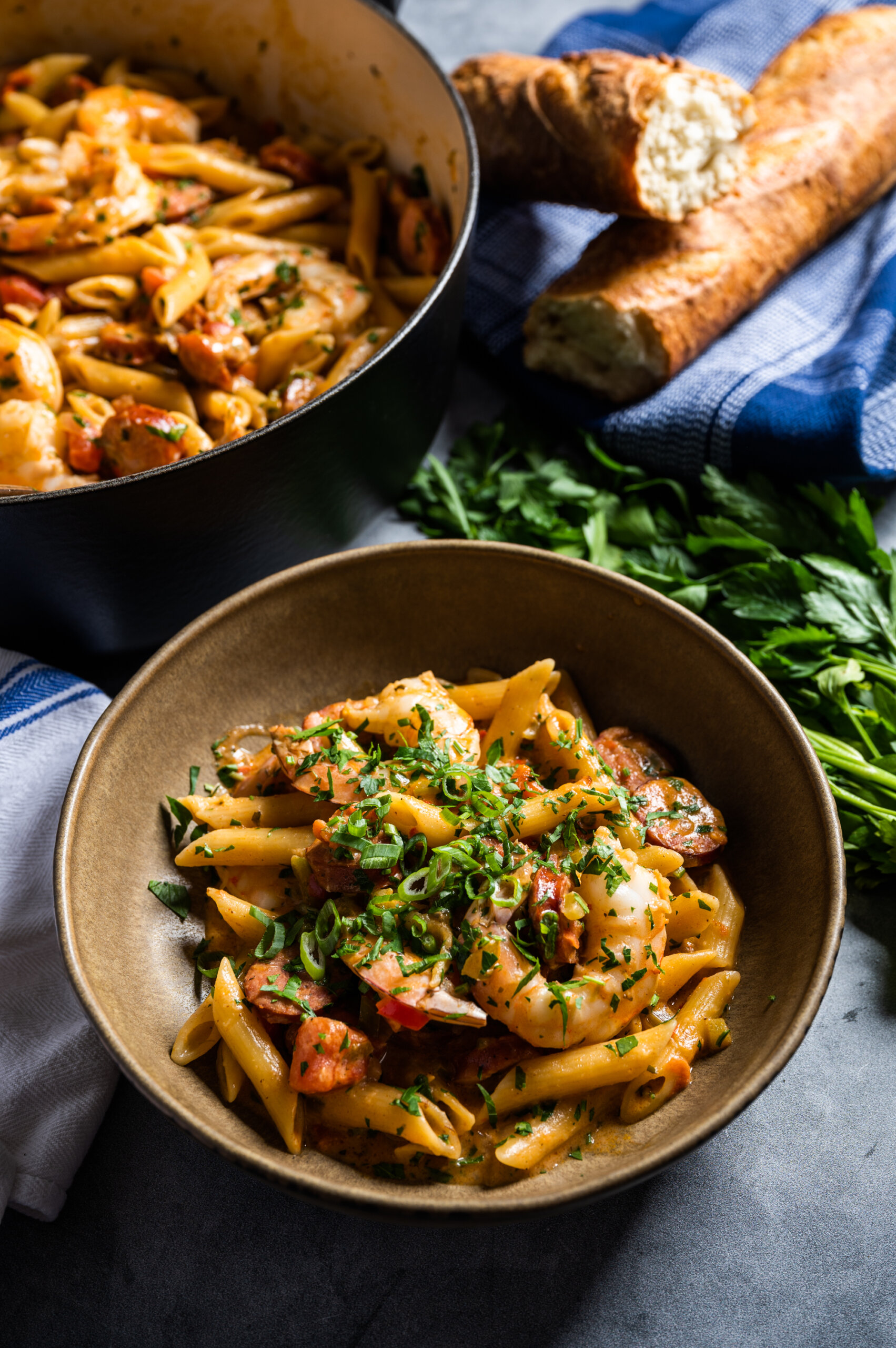 Jambalaya with pasta and shrimp using Blue Runner Foods jambalaya base