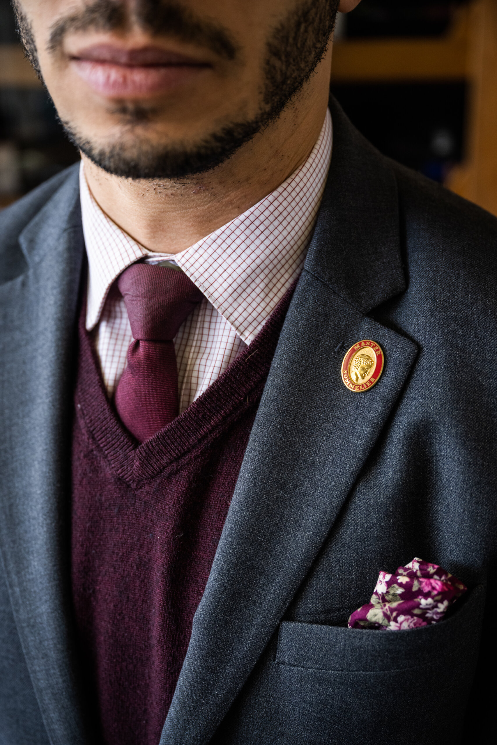 Detail of Vincent Morrow's Master Sommelier pin