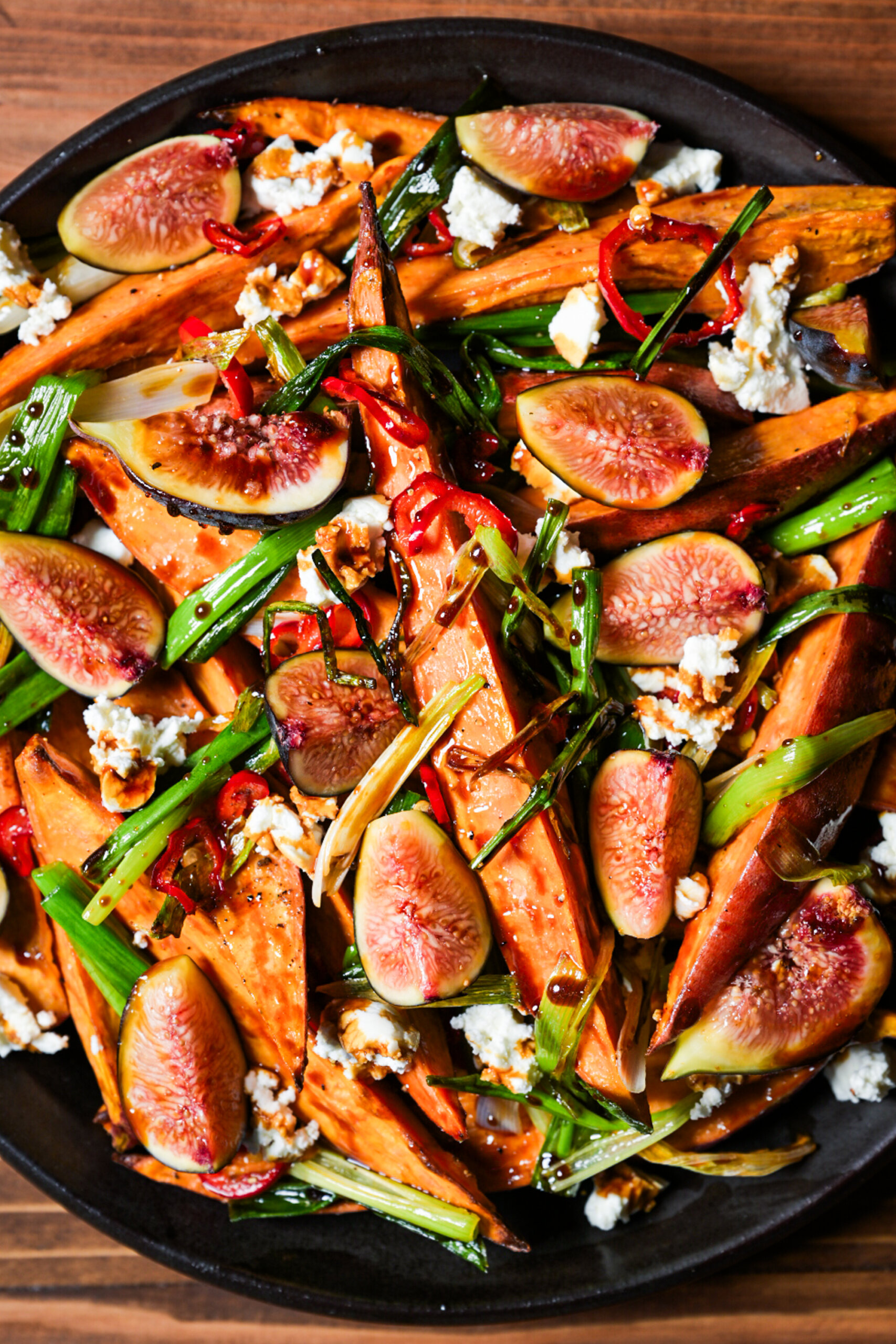 Roasted sweet potatoes with fresh figs and creamy goat cheese