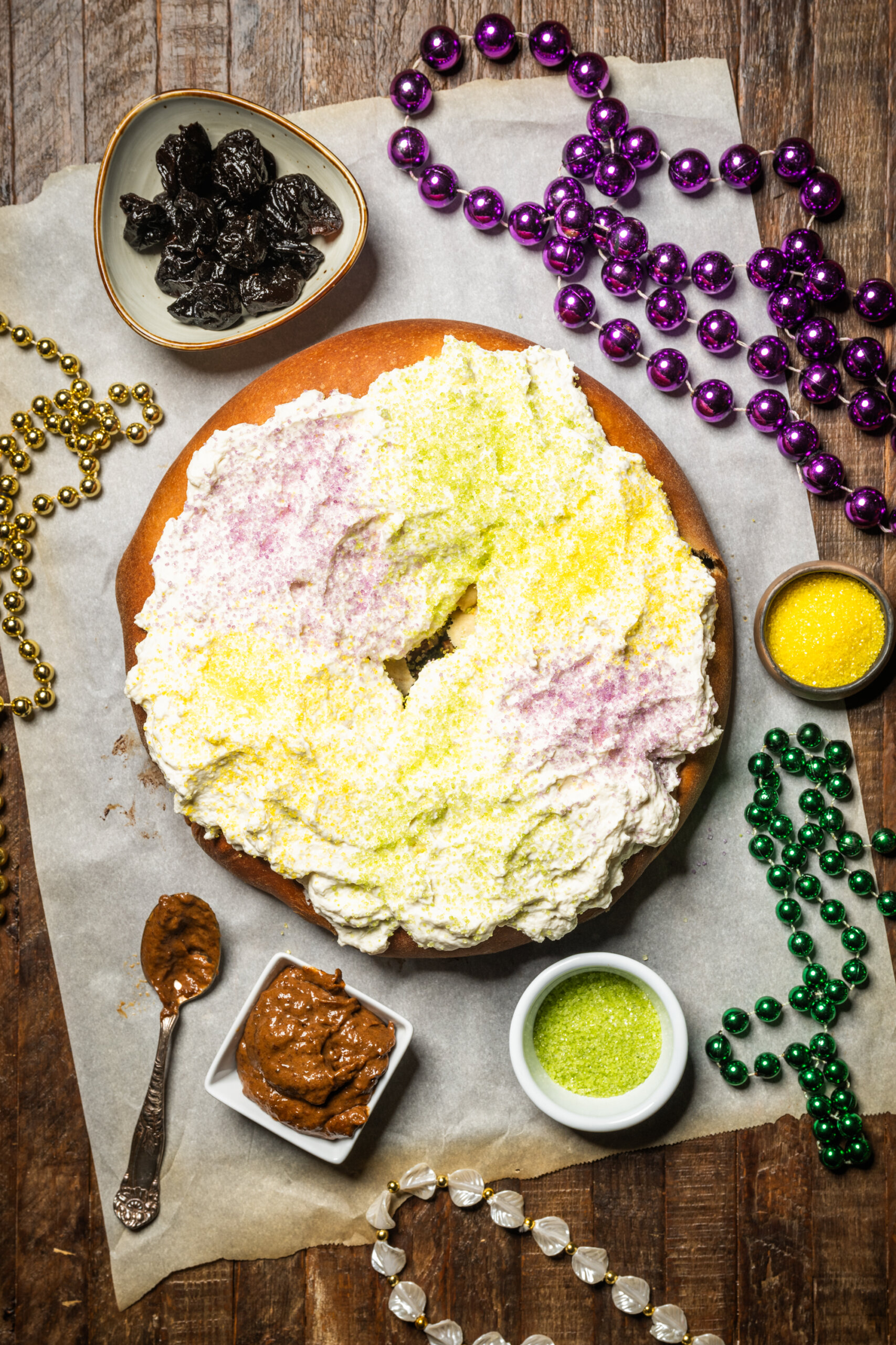 Overhead view of the finished prune-filled king cake
