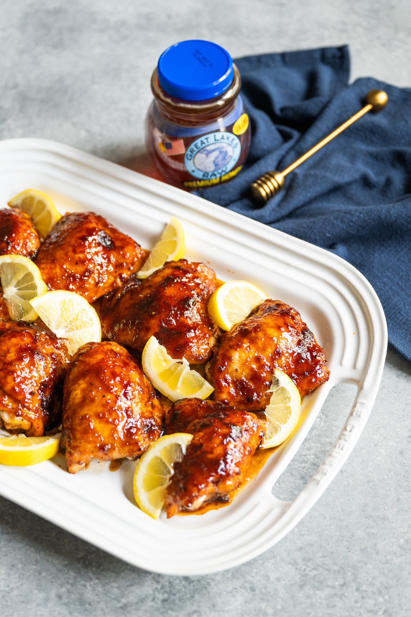 Honey and soy glazed chicken thighs for the National Honey Board