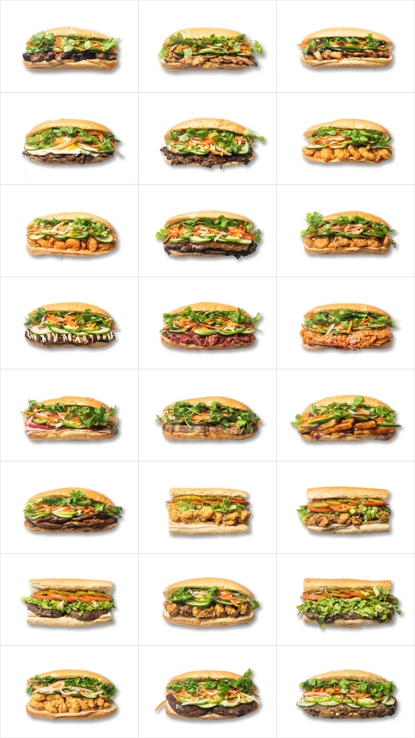 A grid of 24 different banh mi and poboy sandwiches, each with assorted ingredients like lettuce, cheese, tomatoes, and various meats, displayed against a plain white background.