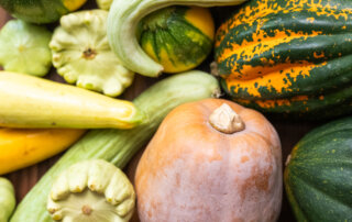 Medley of winter and summer squash on a wooden surface