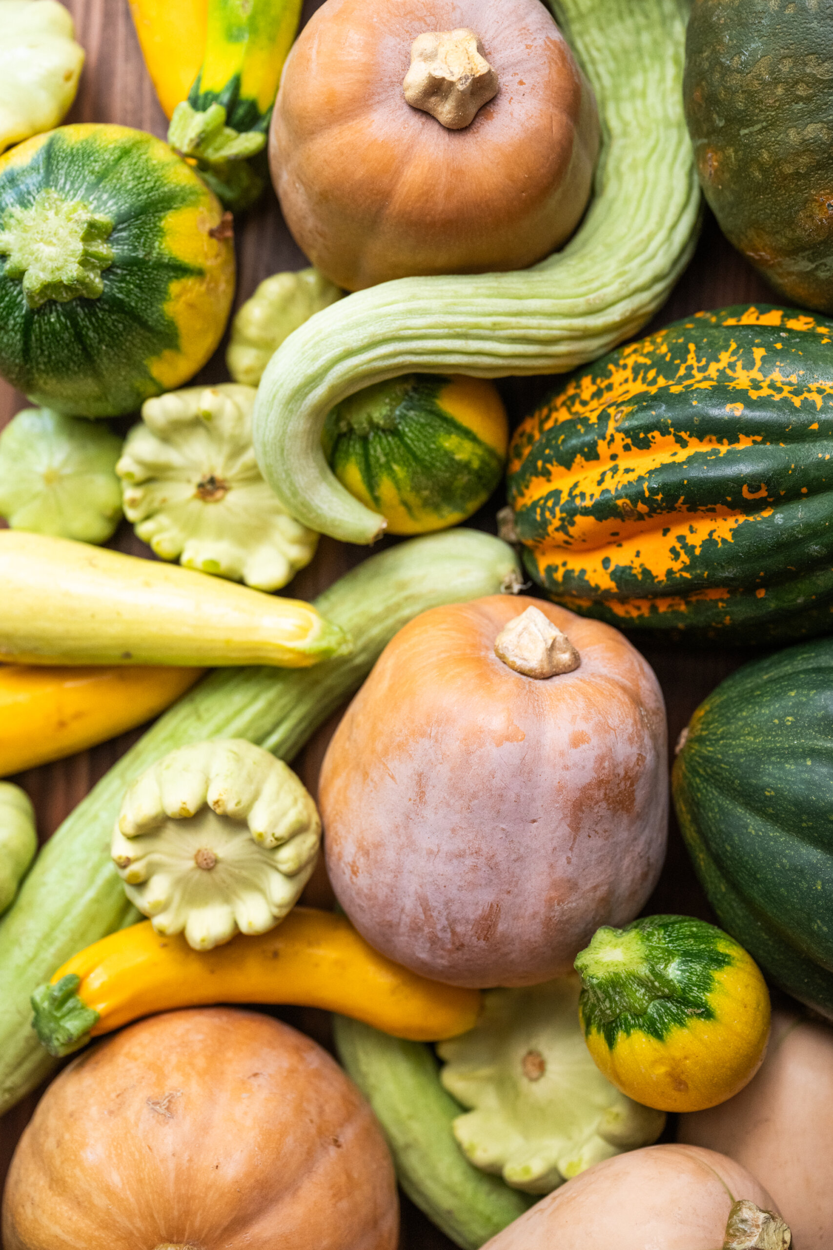 Medley of winter and summer squash on a wooden surface