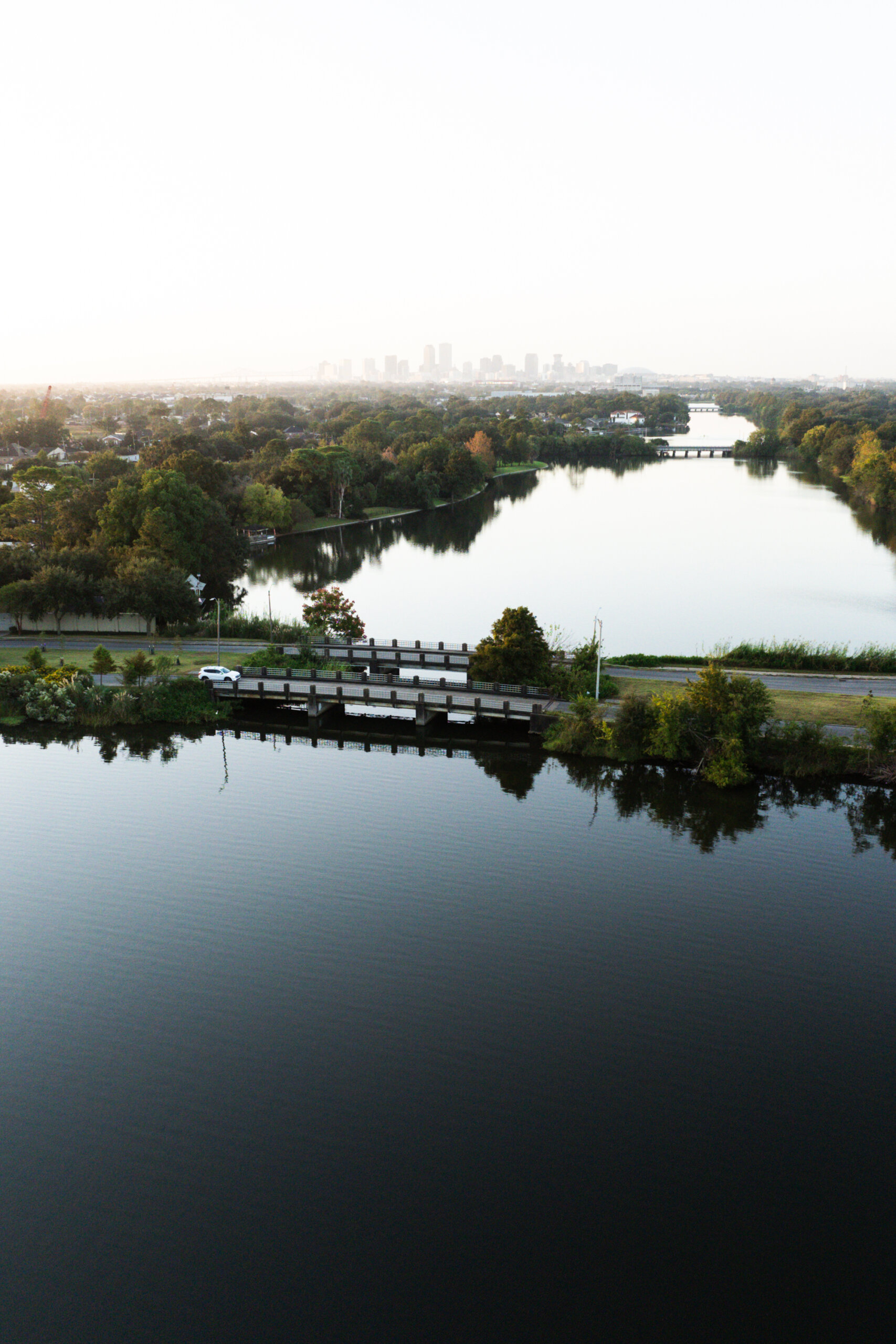 Aerial view of sunrise over Bayou Saint John, where the Xavier Rowing Club practices