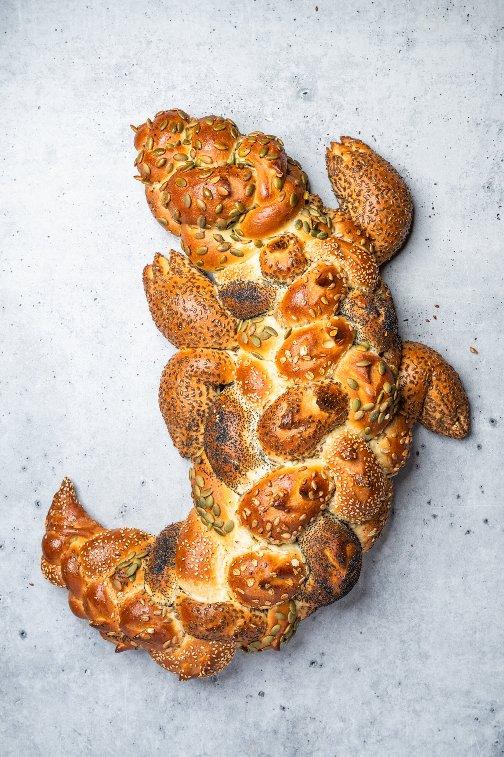 Seeded challah from Ayu Bakehouse, shaped and baked as a large alligator