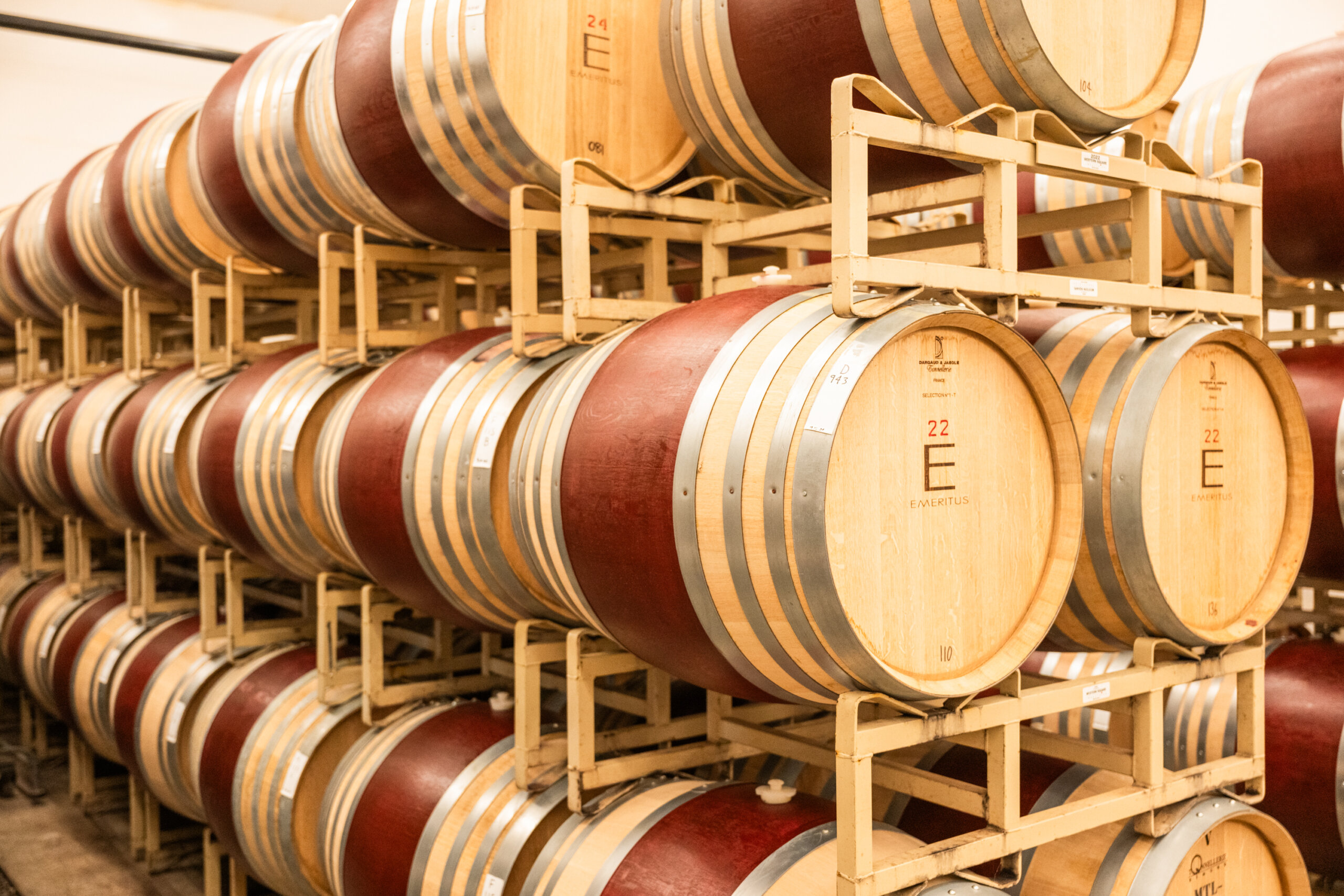 Painted French oak wine barrels racked in the barrel room at Emeritus Vineyards