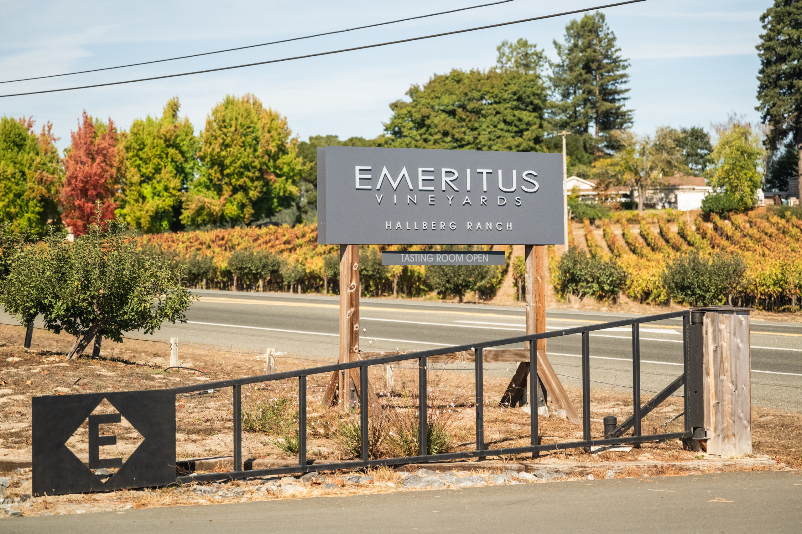 A sign welcomes visitors to Emeritus from HWY 116 in Sebastopol