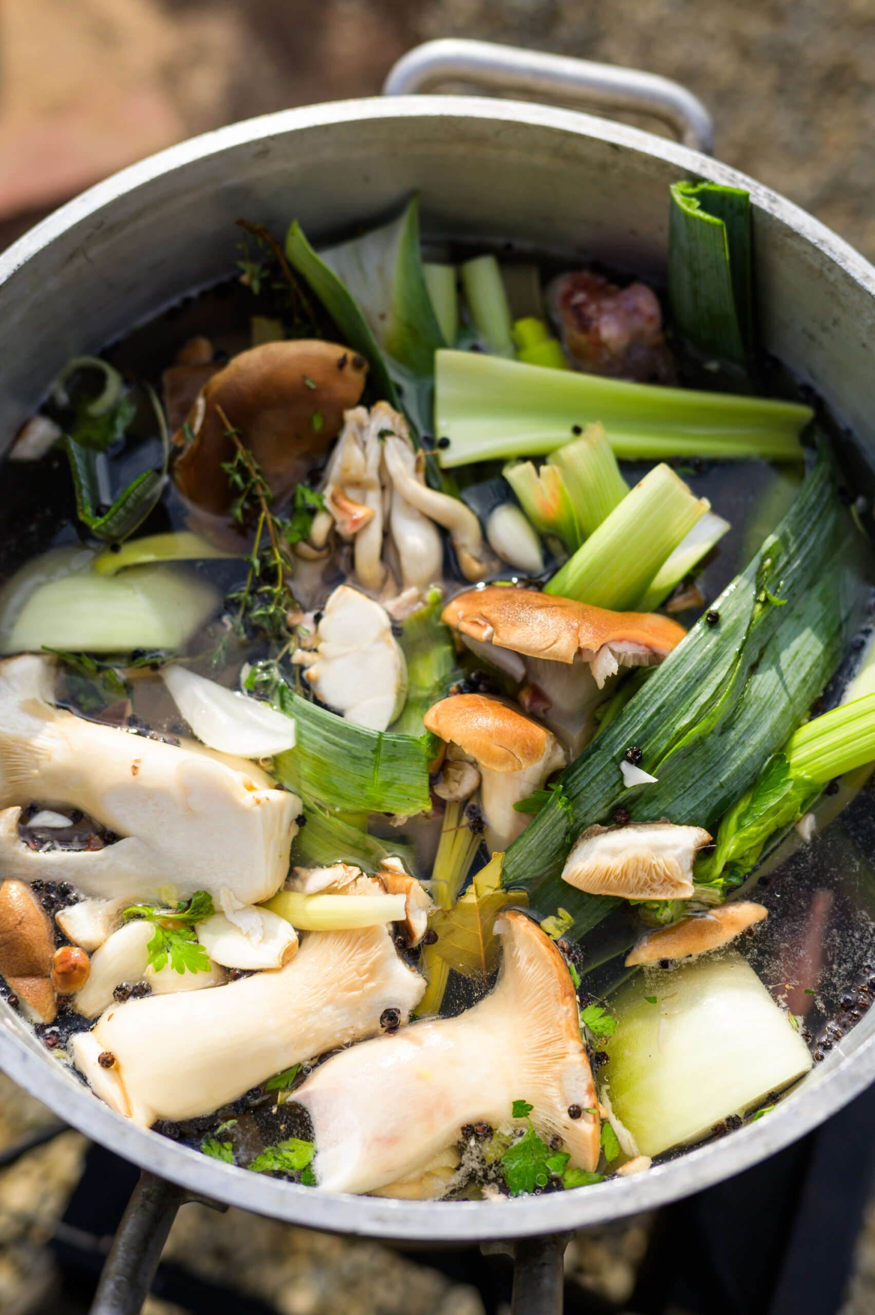 A hearty stock made with whole squirrels, venison shanks, and foraged king trumpet mushrooms.