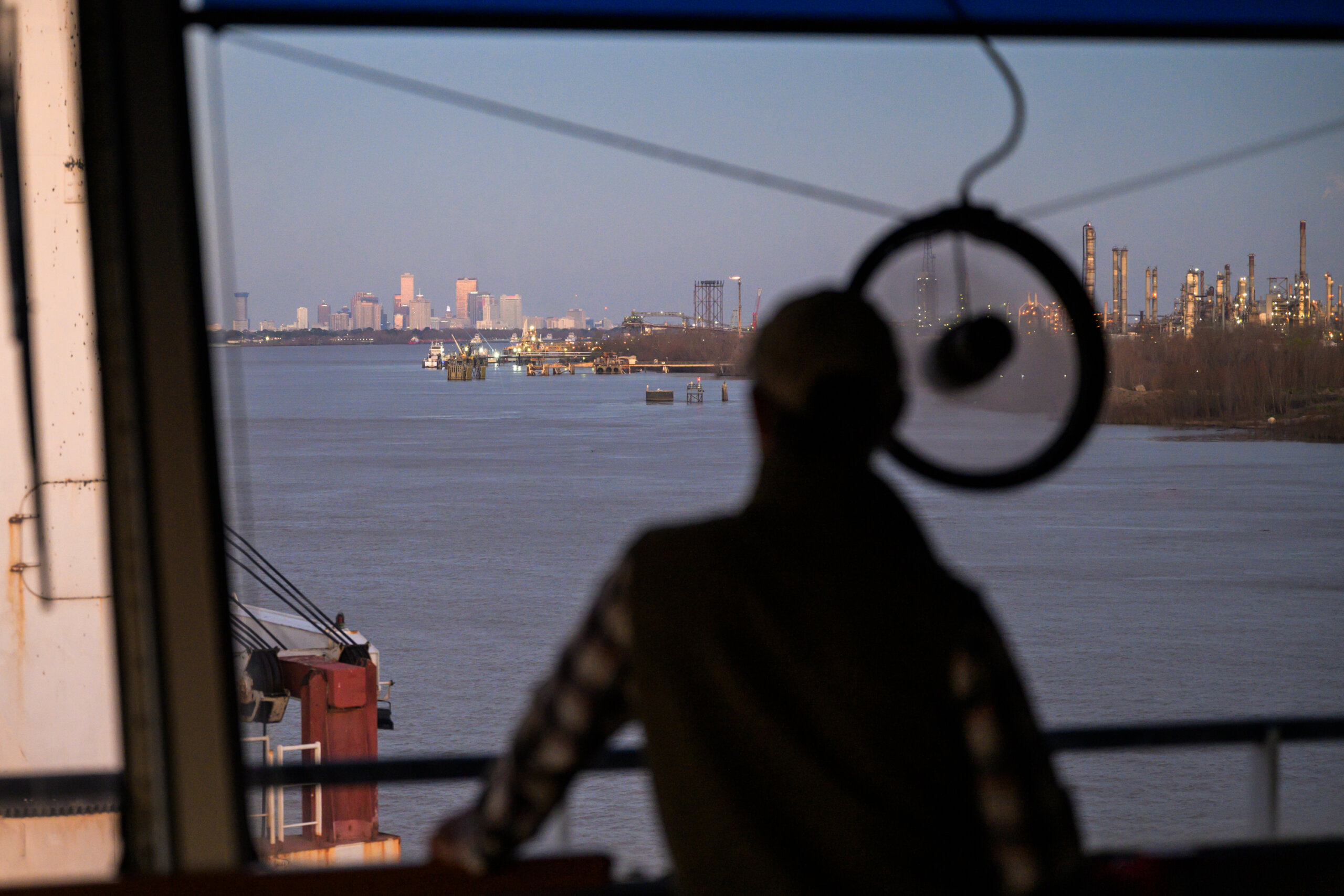 Looking up river at New Orleans from the bridge of the DEMA